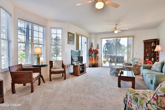 living room with ornamental molding, a wealth of natural light, and ceiling fan