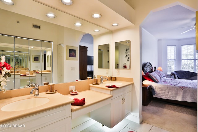 bathroom featuring vanity, tile patterned flooring, ceiling fan, and crown molding