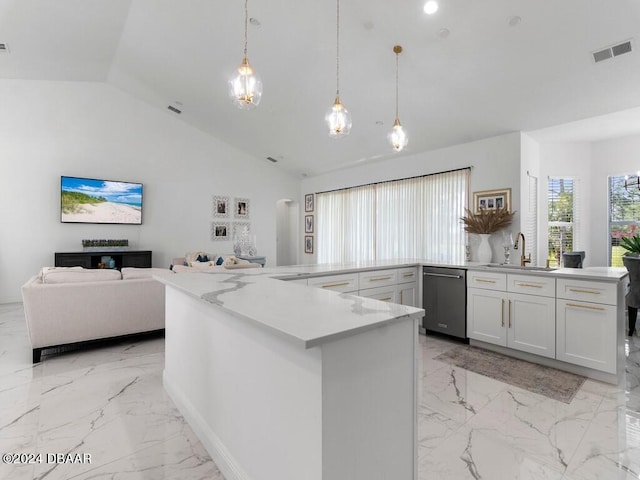 kitchen featuring white cabinets, kitchen peninsula, dishwasher, sink, and decorative light fixtures