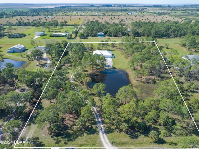 bird's eye view featuring a water view and a rural view