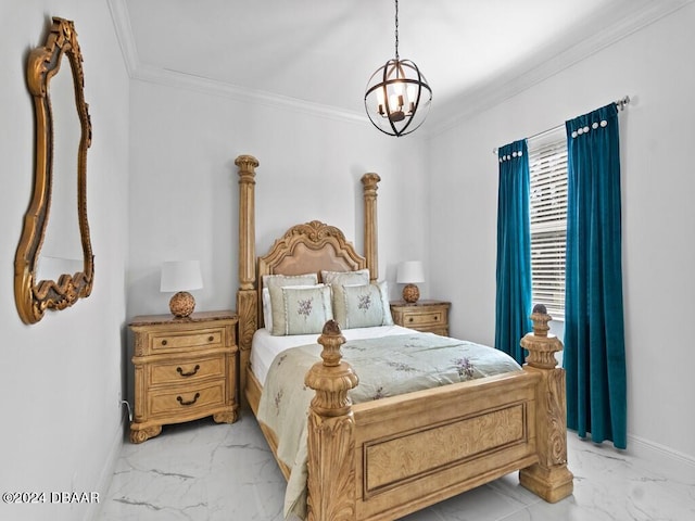 bedroom featuring ornamental molding and a notable chandelier