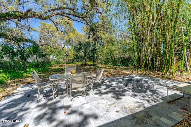 view of patio / terrace featuring an outdoor fire pit