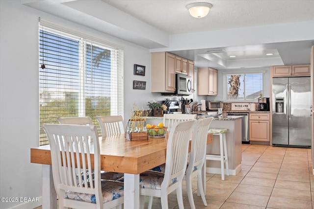 tiled dining room featuring a healthy amount of sunlight and a tray ceiling