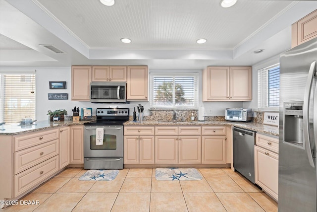 kitchen with light stone countertops, appliances with stainless steel finishes, a tray ceiling, and sink