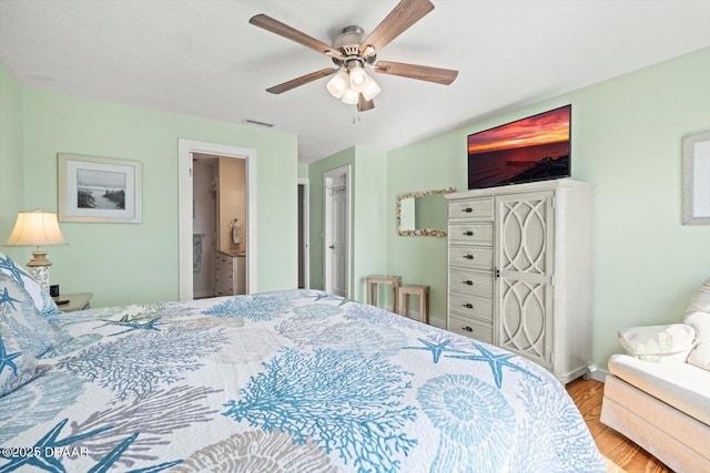 bedroom featuring ceiling fan and light wood-type flooring