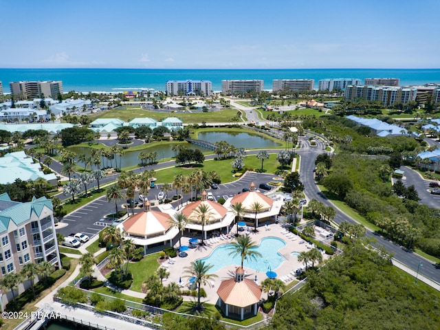 drone / aerial view featuring a water view