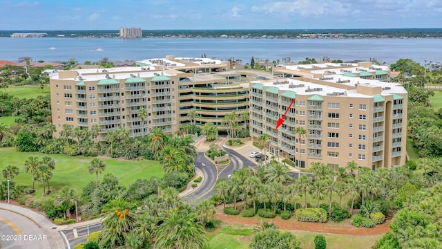 drone / aerial view featuring a water view