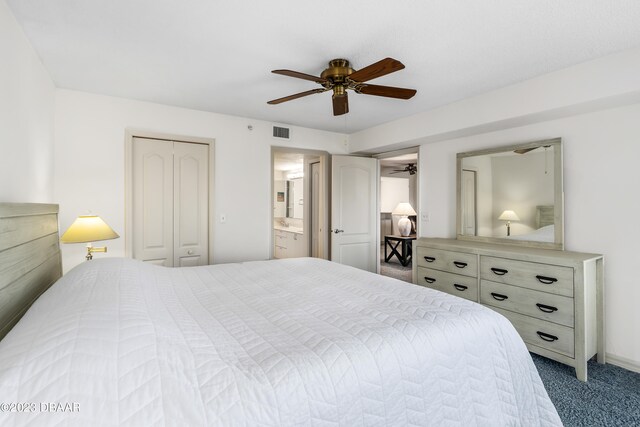 bedroom featuring carpet floors, ceiling fan, and a closet