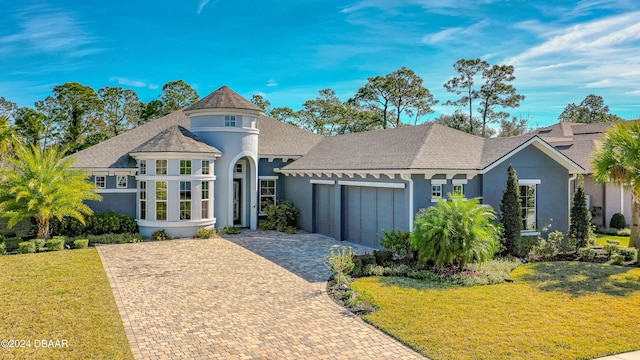 view of front of home with a front yard and a garage