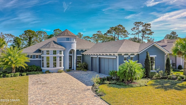 view of front of property featuring a garage and a front lawn