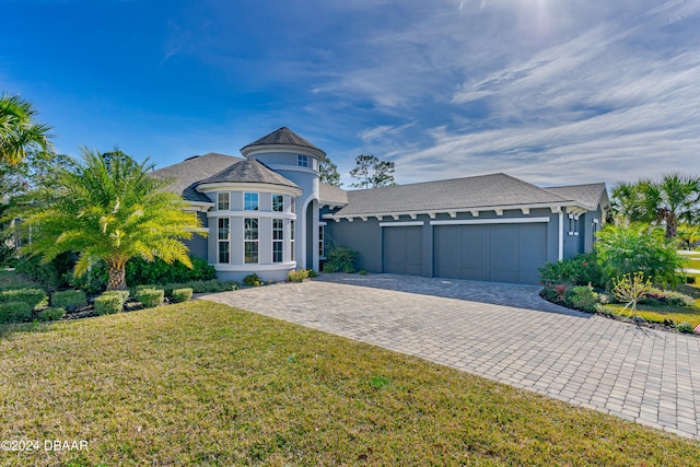 view of front facade with a front yard and a garage