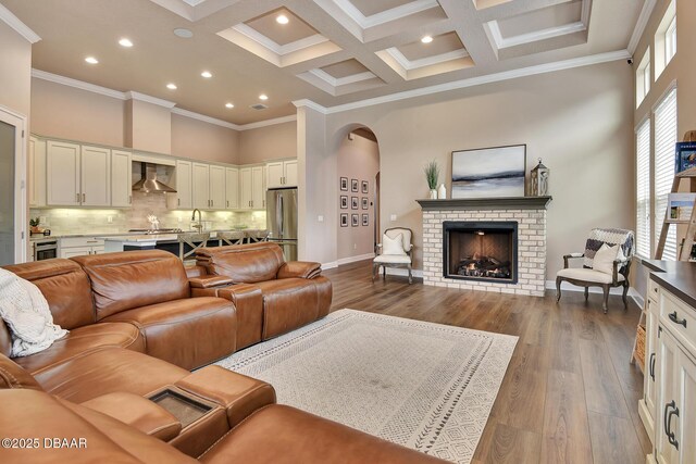 living area featuring dark wood-style floors, a towering ceiling, and crown molding