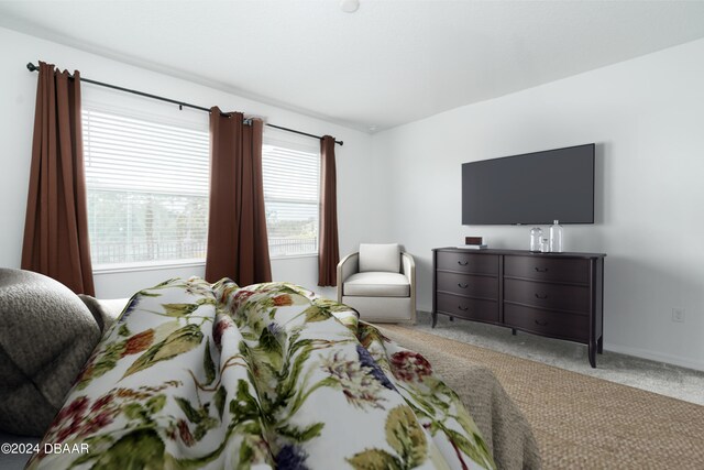 bedroom with light colored carpet