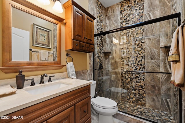 bathroom with vanity, toilet, and a shower with shower door