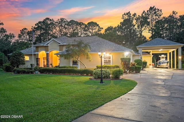 view of front facade featuring a yard and a carport