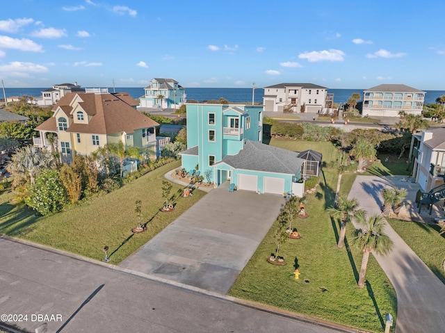 aerial view featuring a water view