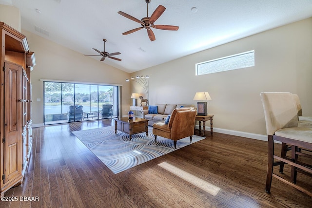 living room with ceiling fan, high vaulted ceiling, and dark hardwood / wood-style floors