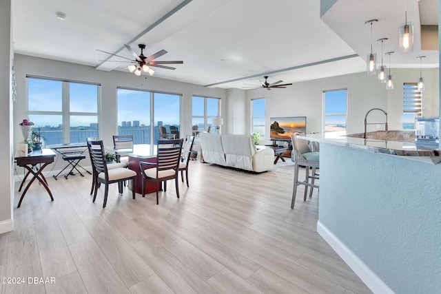 dining space with light wood-type flooring and ceiling fan