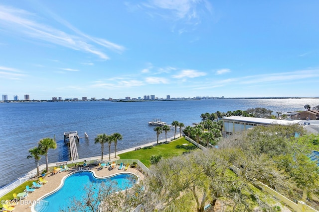 water view featuring a dock