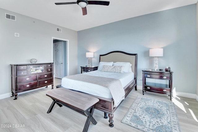 bedroom with ceiling fan and light hardwood / wood-style flooring