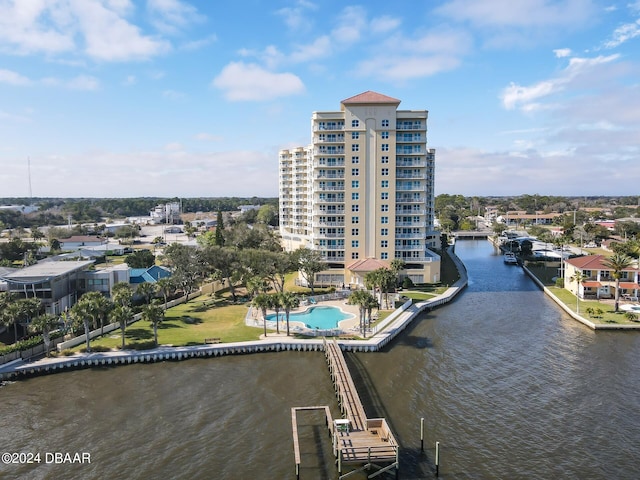 aerial view featuring a water view