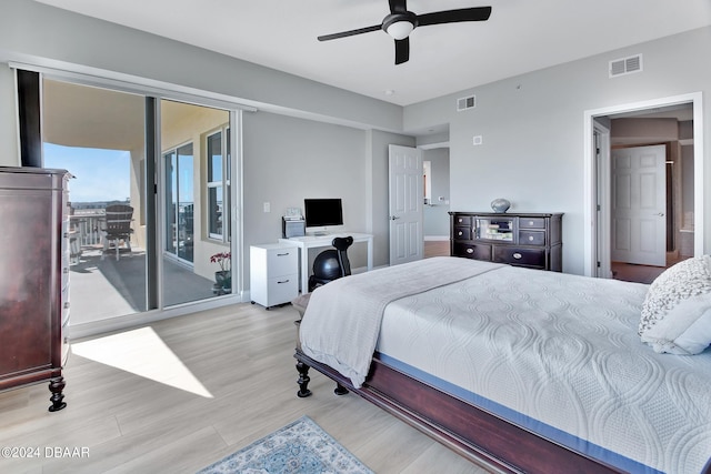 bedroom featuring ceiling fan, access to exterior, and light wood-type flooring