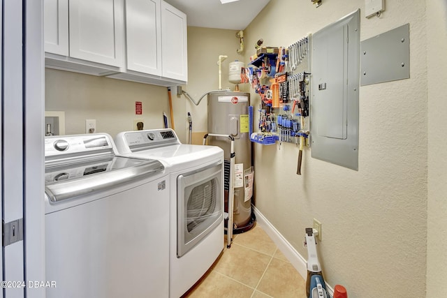 washroom featuring cabinets, light tile patterned flooring, separate washer and dryer, electric panel, and water heater