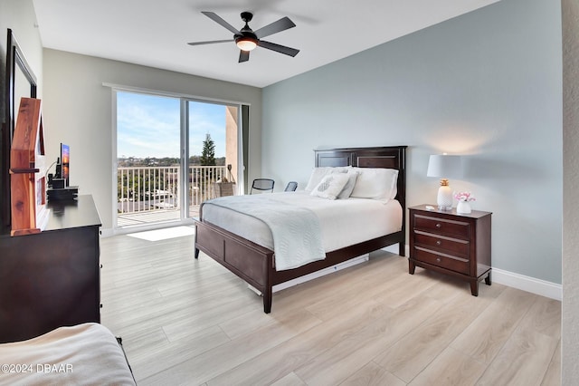 bedroom featuring ceiling fan, light hardwood / wood-style floors, and access to exterior