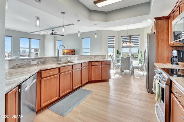 kitchen with pendant lighting, appliances with stainless steel finishes, sink, and light hardwood / wood-style flooring