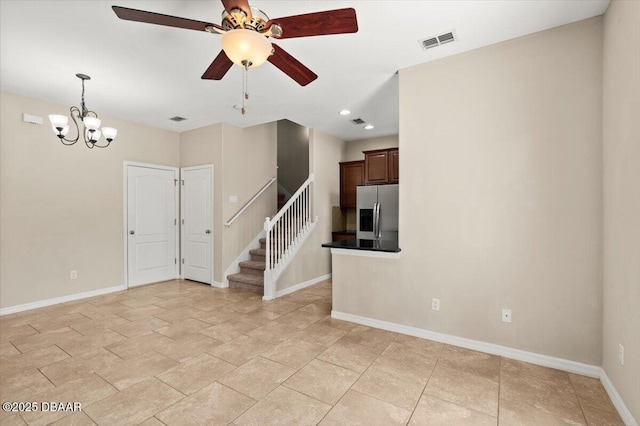 142 Aston Grande Dr, Daytona Beach, FL 32124 - unfurnished living room featuring stairs, ceiling fan, a chandelier, baseboards, and recessed lighting