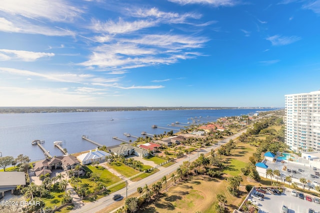 drone / aerial view featuring a water view