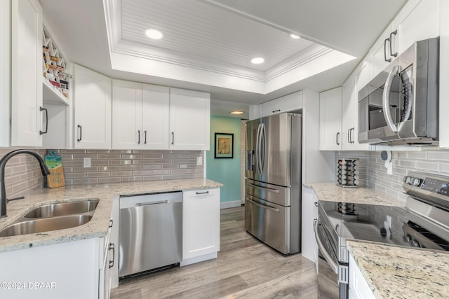 kitchen with stainless steel appliances, white cabinetry, a tray ceiling, and sink