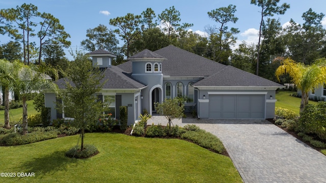 view of front facade featuring a front yard and a garage