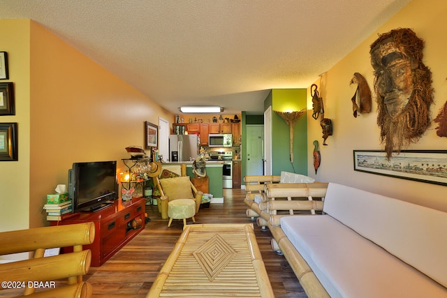 living room featuring dark wood-type flooring and a textured ceiling