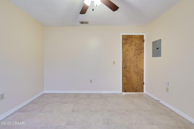 unfurnished room featuring a textured ceiling, visible vents, electric panel, and ceiling fan