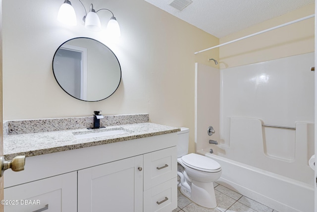 bathroom featuring washtub / shower combination, tile patterned flooring, visible vents, toilet, and vanity