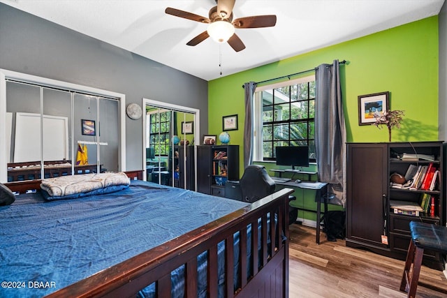 bedroom with ceiling fan, wood-type flooring, and two closets