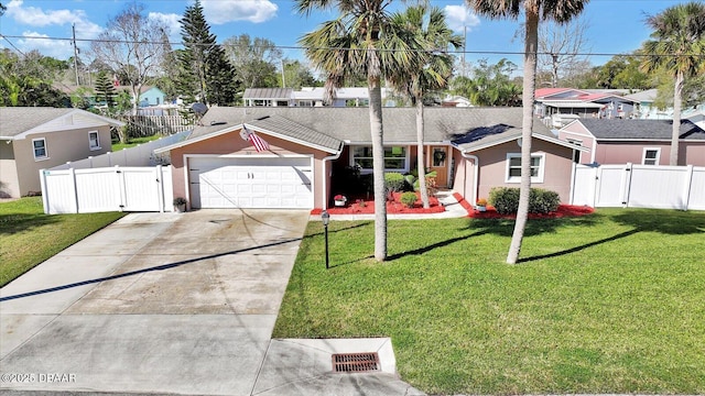 view of front facade featuring driveway, a gate, fence, a residential view, and a front yard