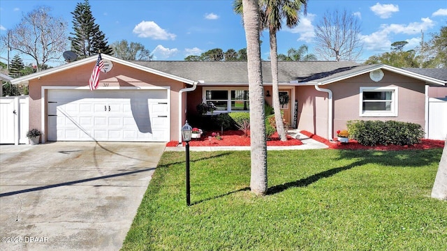 ranch-style house featuring fence, concrete driveway, a front yard, stucco siding, and a garage