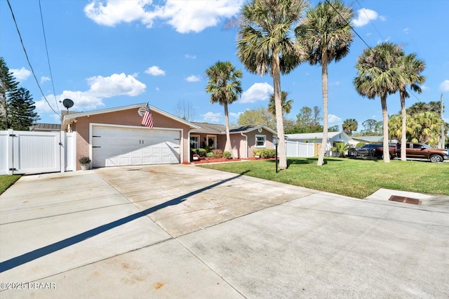 single story home featuring driveway, a front lawn, a gate, fence, and a garage