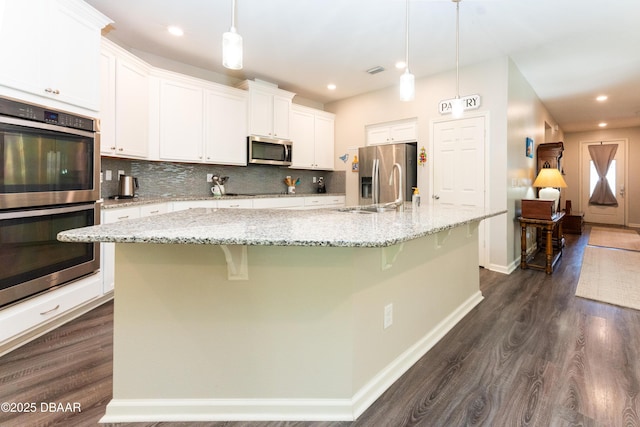 kitchen featuring dark wood finished floors, a sink, stainless steel appliances, and tasteful backsplash