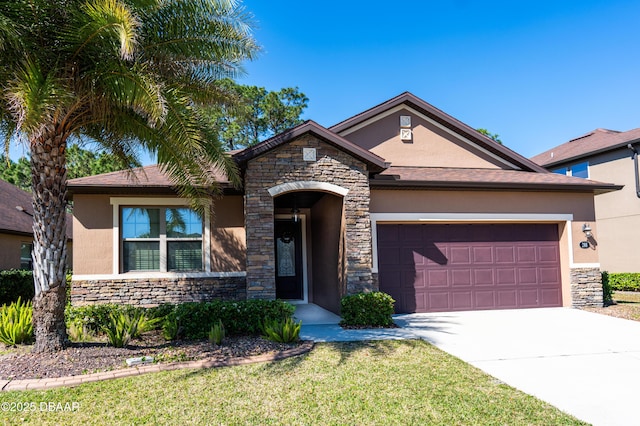 view of front of property with stucco siding, stone siding, a garage, and concrete driveway