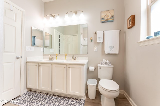 bathroom with a sink, baseboards, toilet, and double vanity