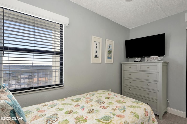 carpeted bedroom with a textured ceiling