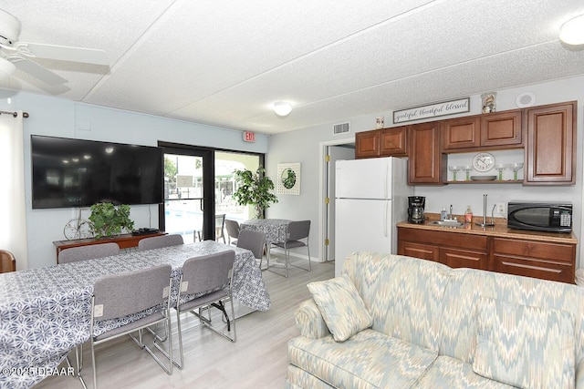 living room featuring ceiling fan, sink, light hardwood / wood-style floors, and a textured ceiling