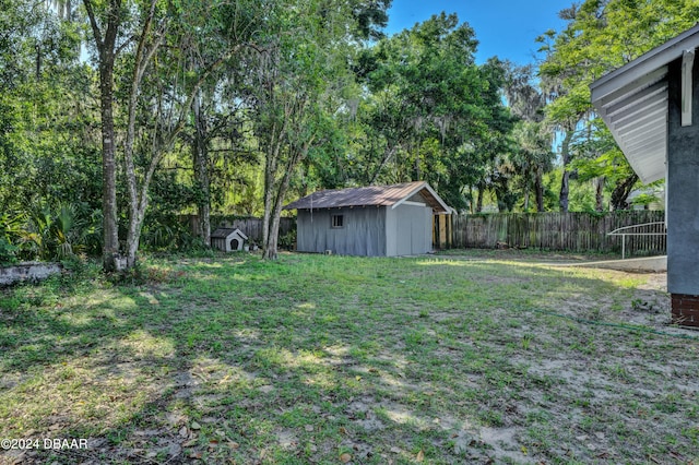 view of yard featuring a storage shed