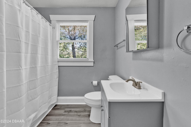 bathroom featuring toilet, vanity, wood-type flooring, and curtained shower