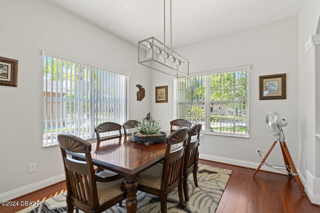 dining area with plenty of natural light and dark hardwood / wood-style floors