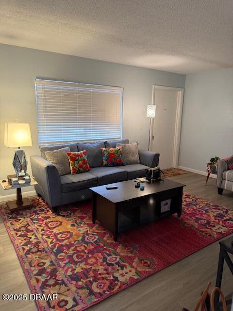 living room with a textured ceiling, wood finished floors, and baseboards