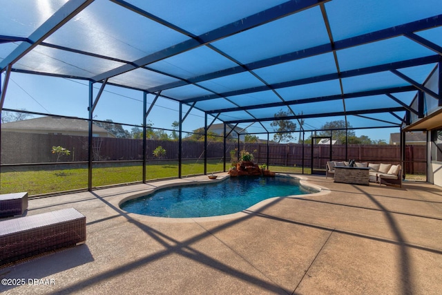 view of swimming pool with a fenced in pool, glass enclosure, outdoor lounge area, a fenced backyard, and a patio area